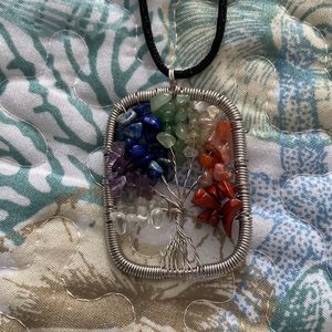 Gemstone Wire wrapped tree of life pendant and silk cord
